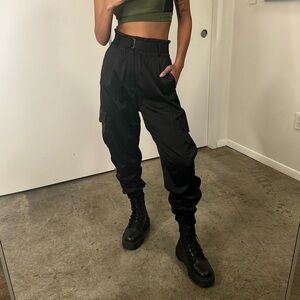 Satiny Black Cargo Trousers